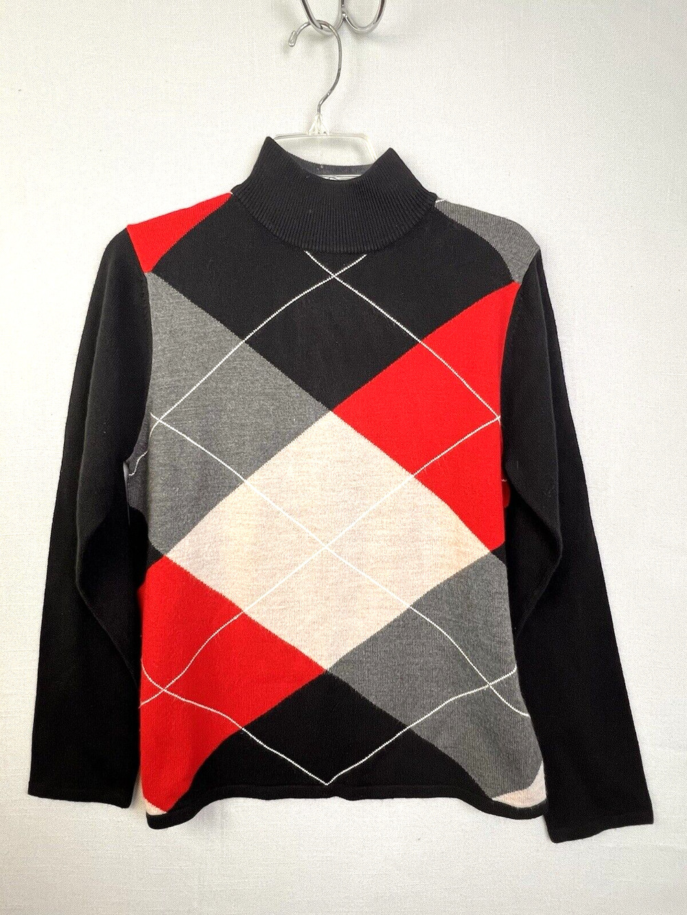 Sag Harbor Argyle Sweater Women's Small Black Red Mock Turtleneck Work School